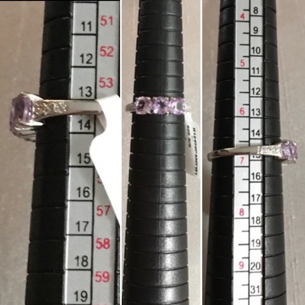 Amethyst Topaz Ring Three-Stone Round Cut Rhodium Sterling Silver Purple W 7 NWT - Picture 9 of 17